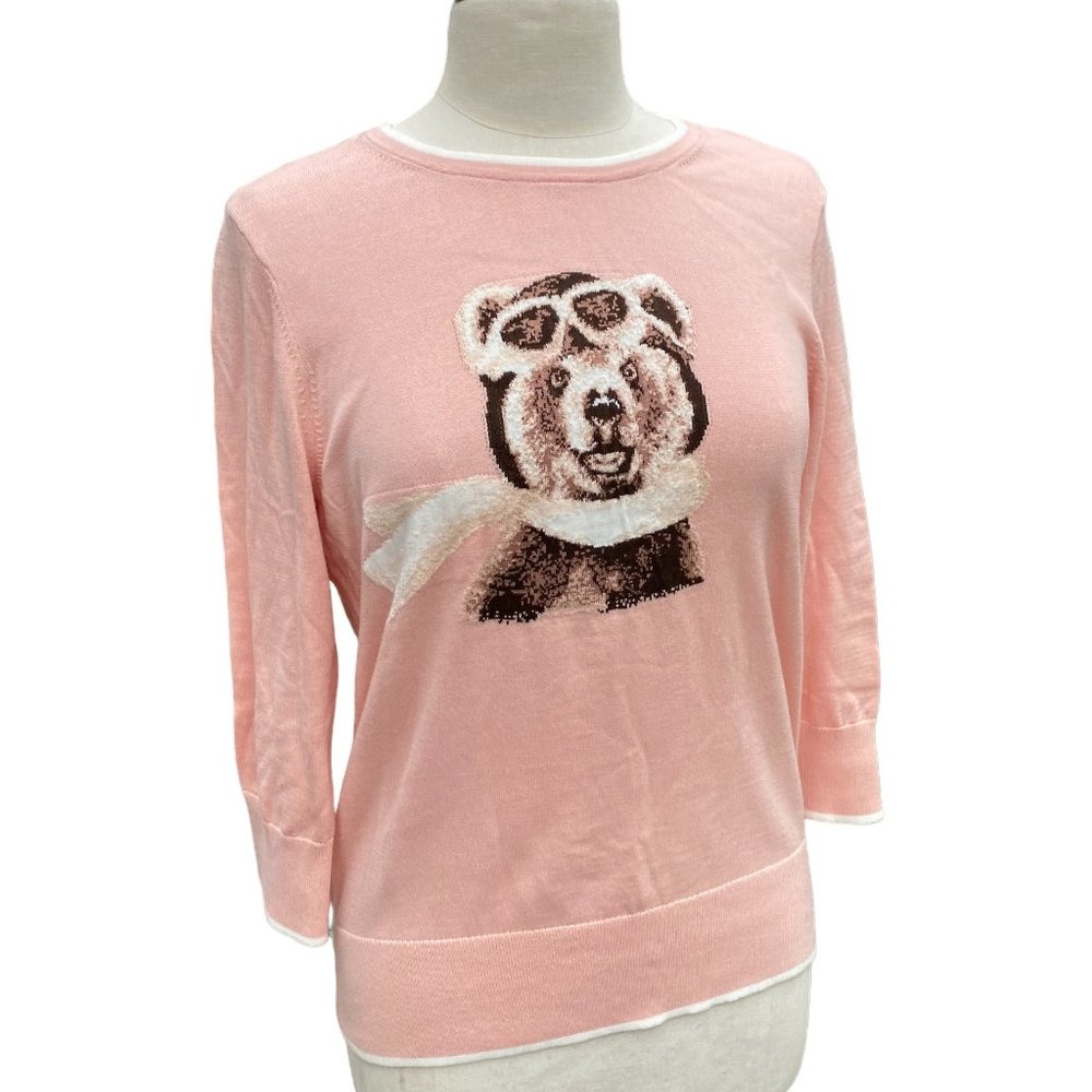 Lands’ End Cotton Amelia Bearhart Sweater Novelty Animal Print Pilot Kawaii-M